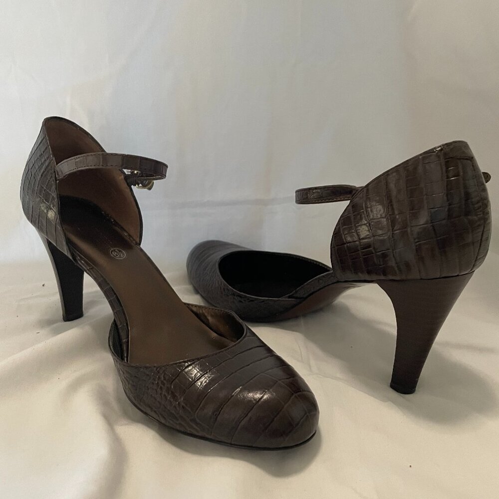 Bandolino Brown Crocodile Embossed Mary Jane Pumps with Ankle Strap